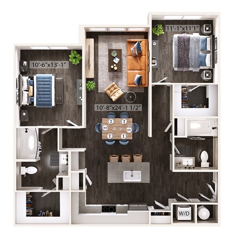 Floor plan for 2 beds, 2 baths, 1134 sqft